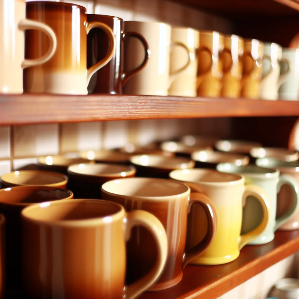 Beautiful ceramic mug collection grouped on wooden shelf