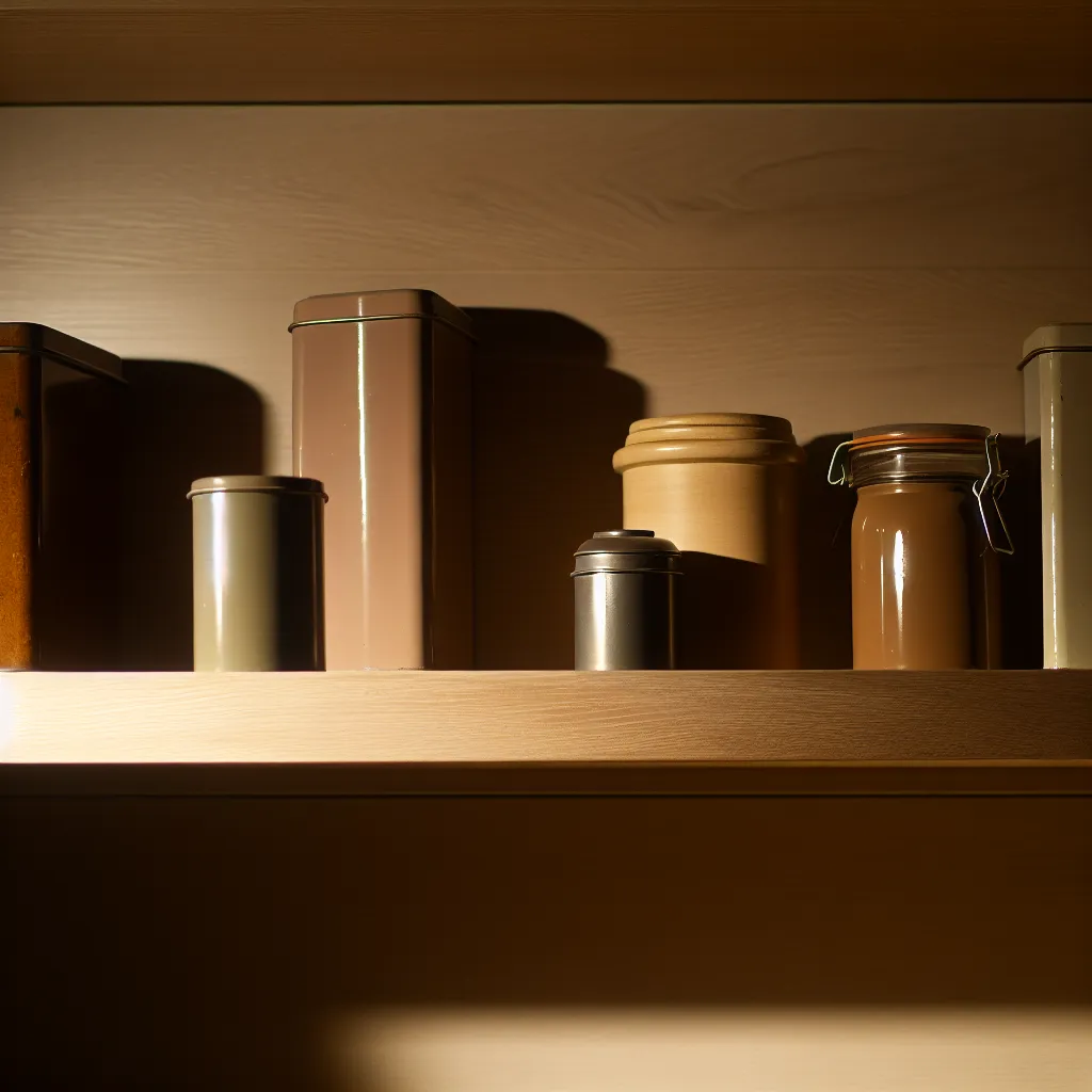 Vintage tea tins organized on natural wood shelf